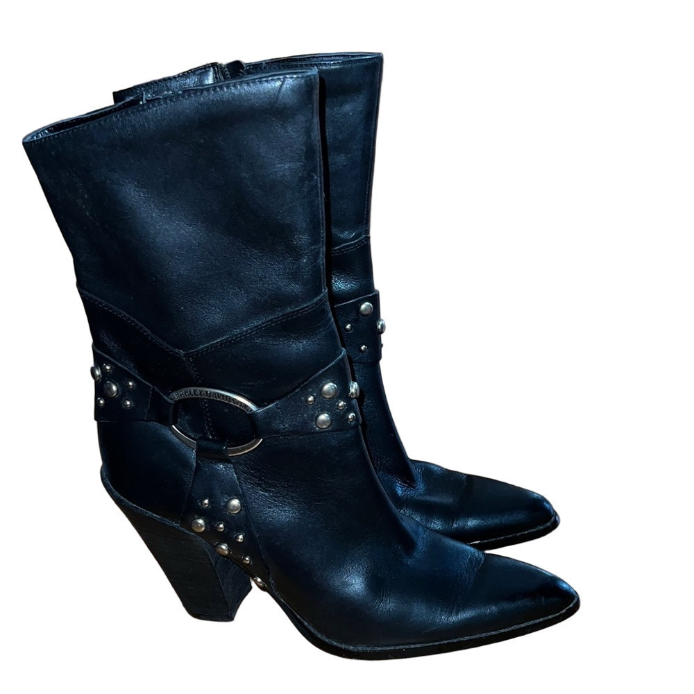 Vintage Harley Davidson Black Leather Studded Buckle Women's Cassandra Boots 9